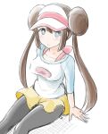  1girl black_legwear blue_eyes blush breasts brown_hair double_bun kayama_kenji legwear_under_shorts long_hair looking_at_viewer pantyhose pokemon pokemon_(game) pokemon_bw2 rosa_(pokemon) short_shorts shorts simple_background solo twintails very_long_hair visor_cap white_background yellow_shorts 