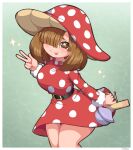  1girl absurdres artist_name bangs belt black_belt boku_no_hero_academia breasts brown_eyes brown_hair dress fur_trim green_background gun highres komori_kinoko mushroom_girl mushroom_hat one_eye_covered outline polka_dot polka_dot_dress polka_dot_headwear red_dress red_headwear simmsy simple_background solo tongue tongue_out v weapon white_outline x-shaped_pupils 