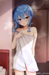  1girl bangs blue_eyes blue_hair blue_ribbon blush collarbone commentary_request cowboy_shot ex_idol eyebrows_visible_through_hair flat_chest hair_between_eyes hair_ribbon hand_up highres hololive hoshimachi_suisei indoors long_hair looking_at_viewer naked_towel parted_lips ribbon side_ponytail solo standing star_(symbol) star_in_eye steam steaming_body sweat symbol_in_eye towel twitter_username virtual_youtuber 