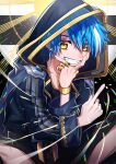  1boy absurdres bangs black_jacket blue_hair highres hood hood_up hooded_jacket ikurikaito jacket jewelry long_sleeves male_focus original ring short_hair smile yellow_eyes 