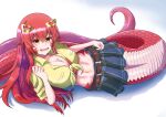  1girl :d absurdres bangs belt blue_skirt breasts brown_belt cleavage collarbone commentary_request crossed_bangs eyebrows_visible_through_hair fang hair_between_eyes hair_ornament hairclip highres lamia large_breasts long_hair looking_at_viewer lying midriff miia_(monster_musume) monster_girl monster_musume_no_iru_nichijou navel on_side open_mouth plaid plaid_skirt pleated_skirt pointy_ears red_hair red_nails scales shadow shirt sidelocks simple_background skirt sleeves_rolled_up slit_pupils smile solo textless tied_shirt togenomaru unmoving_pattern white_background yellow_eyes yellow_shirt 