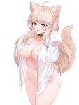  1girl absurdres ahoge animal_ears bangs blonde_hair blush breasts cat_ears cat_girl cat_tail choker collarbone eyebrows_visible_through_hair hands_up heart heart_choker highres large_breasts long_hair looking_at_viewer naked_shirt navel open_clothes open_mouth open_shirt original red_eyes riba shirt sleeves_past_wrists solo tail white_shirt 