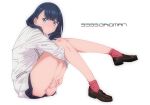  1girl black_hair blue_eyes blush chromatic_aberration copyright_name covering covering_crotch full_body glaring gridman_universe highres jacket knees_up legs loafers looking_at_viewer shoes simple_background sitting skirt socks solo ssss.gridman takarada_rikka teddy_(takarada) thighs white_background white_jacket 
