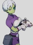  1girl bodysuit breasts cheelai closed_mouth colored_skin commentary_request dragon_ball dragon_ball_super dragon_ball_super_broly gloves green_skin grey_background gun holding holding_gun holding_weapon kemachiku looking_at_viewer medium_breasts pink_eyes purple_bodysuit scouter short_hair simple_background solo weapon white_gloves white_hair 