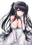  1girl 3kneko azur_lane bare_shoulders black_hair blush breasts cleavage dress elbow_gloves flower gloves hair_flower hair_ornament large_breasts long_hair looking_at_viewer official_alternate_costume peter_strasser_(a_moment_frozen_in_pure_white)_(azur_lane) peter_strasser_(azur_lane) purple_eyes rose sidelocks solo twintails very_long_hair white_dress white_flower white_gloves white_rose 
