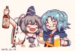  2girls :d ^_^ alcohol bangs beer blue_hair blush bow bowtie breasts closed_eyes dated grey_hair grin hat hood japanese_clothes jewelry kariginu kesa kumoi_ichirin long_sleeves medium_hair mononobe_no_futo multiple_girls neck_ribbon nun open_mouth pendant pom_pom_(clothes) ponytail purple_bow purple_bowtie purple_ribbon ribbon ribbon-trimmed_sleeves ribbon_trim small_breasts smile tate_eboshi touhou wide_sleeves you_taira 