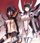  2girls absurdres black_hair blue_eyes breasts cleavage clothing_cutout commentary cowboy_shot highres junketsu kill_la_kill kiryuuin_satsuki large_breasts looking_at_viewer looking_away mac_star matoi_ryuuko multicolored_hair multiple_girls navel profile revealing_clothes scissor_blade senketsu skirt sky smile strap_gap streaked_hair suspender_skirt suspenders sword thighhighs weapon white_legwear 