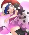  13-gou 1girl :3 bangs black_dress blue_eyes blue_hair book breasts commentary_request doremy_sweet dream_soul dress furrowed_brow hair_over_one_eye half-closed_eyes hat head_rest holding holding_book looking_at_viewer nightcap open_mouth pom_pom_(clothes) red_headwear short_dress short_hair short_sleeves simple_background sitting small_breasts smile smug solo sparkle tail tapir_tail thighs touhou white_background 