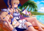  2girls absurdres bangs barbara_(genshin_impact) barbara_(summertime_sparkle)_(genshin_impact) beach beach_chair beach_umbrella blue_eyes blue_sky blue_swimsuit blurry bow cloud cloudy_sky coconut_tree commentary_request depth_of_field drill_hair eyebrows_visible_through_hair genshin_impact hair_between_eyes hair_bow hair_ribbon hat highres jean_(genshin_impact) jean_(sea_breeze_dandelion)_(genshin_impact) light_brown_hair long_hair looking_at_viewer lying mountainous_horizon multiple_girls ocean on_side one_eye_closed palm_tree parted_lips ponytail ribbon sailor_collar sidelocks sitting sky smile swimsuit thighlet tree twin_drills twintails umbrella yi_xiang_ren 