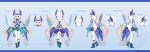  1girl ahoge aqua_nails bangs bare_shoulders bird_girl blonde_hair blue_hair blue_wings bow character_sheet dress enna_alouette eyebrows_visible_through_hair fingernails flower full_body hair_bow hair_flower hair_ornament head_wings hood hood_up kt._(kaisou-notagui) mechanical_wings multicolored_hair multiple_views multiple_wings nail_polish nijisanji nijisanji_en off_shoulder official_art pantyhose purple_bow purple_eyes purple_wings virtual_youtuber white_legwear wide_sleeves wings 