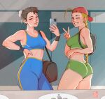  2girls ;d adapted_costume alternate_hairstyle antenna_hair ass backpack backwards_hat bag baseball_cap blue_eyes blue_pants blue_sports_bra braid breasts brown_eyes brown_hair bun_cover cammy_white cellphone chun-li crop_top dolphin_shorts double_bun duffel_bag english_commentary fingernails green_shorts green_sports_bra grin gym hair_pulled_back hair_through_headwear hat highres holding holding_phone light_smile lips long_braid long_hair looking_at_viewer medium_breasts midriff mirror_image multiple_girls nose one_eye_closed open_mouth pants phone red_headwear short_hair shorts single_braid sink smartphone smile sports_bra stomach street_fighter street_fighter_zero_(series) sweat taking_picture thighs toned twisted_torso v volt_crocodile wristband yoga_pants 