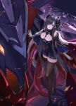  1girl absurdres august_von_parseval_(azur_lane) azur_lane black_dress black_footwear black_hair black_legwear blue_eyes breasts cleavage cleavage_cutout clothing_cutout commentary curled_horns detached_sleeves dress dutch_angle full_body gloves highlanderz2066 highres horns large_breasts long_hair mechanical_dragon mechanical_horns navel_cutout short_dress skyline solo standing thighhighs very_long_hair white_gloves zettai_ryouiki 