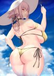  1girl ass aster_crowley bikini braid braided_ponytail breasts chaldea_lifesavers eyebrows_visible_through_hair fate/grand_order fate_(series) florence_nightingale_(fate) from_behind hat highres huge_breasts lipgloss long_braid long_hair looking_at_viewer looking_back pink_hair red_eyes side-tie_bikini single_braid solo string_bikini sun_hat swimsuit white_headwear yellow_bikini 