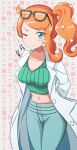  1girl breasts closed_mouth crop_top eyewear_on_head green_eyes hair_ornament heart heart_hair_ornament highres kayama_kenji long_hair looking_at_viewer midriff navel one_eye_closed orange_hair pokemon pokemon_(game) pokemon_swsh side_ponytail smile solo sonia_(pokemon) 