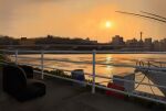  boat building cabinet chair dock evening gas_can highres location_request no_humans orange_sky original outdoors railing scenery shore sidewalk sky skyline sunset teddy_(takarada) tower tree water watercraft 