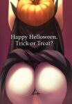  1girl ass cape cloak cosplay english_text ero_kaeru halloween happy_halloween jack-o&#039;-lantern naked_cloak original pumpkin_on_head simple_background solo trick_or_treat 