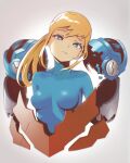 1girl absurdres bangs blonde_hair blue_bodysuit blue_eyes bodysuit breasts bright_pupils frown head_tilt highres impossible_bodysuit impossible_clothes lem looking_at_viewer medium_breasts metroid metroid_dread mole mole_under_mouth ponytail power_armor samus_aran science_fiction skin_tight solo upper_body white_pupils 