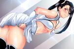  1girl arrancar ass asymmetrical_bangs bangs black_hair bleach blush breasts clothes_lift daraz18aka highres loly_aivirrne looking_at_viewer looking_back medium_breasts navel pleated_skirt red_eyes skirt skirt_lift solo stomach thighhighs two_side_up white_skirt 