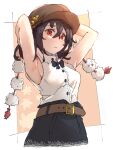  1girl :/ adapted_costume armpits arms_up bangs belt black_hair black_neckwear black_ribbon black_skirt blush breasts brown_belt brown_headwear buckle buttons cabbie_hat closed_mouth commentary_request cropped_legs crossed_bangs dot_nose hair_between_eyes hat kedama_(touhou) looking_at_viewer medium_breasts mumyuu pom_pom_(clothes) red_eyes ribbon shameimaru_aya shirt shirt_tucked_in short_hair skirt sleeveless sleeveless_shirt solo touhou white_shirt 