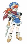  1boy bike_shorts blue_eyes cape closed_mouth gloves goggles grandia grandia_i hat justin_(grandia) layered_sleeves long_hair looking_at_viewer nemurism red_hair simple_background smile solo white_background 