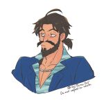  1boy asaya_minoru beard black_hair blue_jacket blue_shirt closed_mouth collared_shirt cropped_torso edward_teach_(fate) english_text facial_hair fate/grand_order fate_(series) jacket looking_away looking_to_the_side male_focus mustache pointy_ears shirt simple_background solo twitter_username white_background 