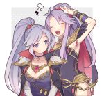  2girls :d ^_^ arm_up armpits aunt_and_niece border breasts cape choker cleavage closed_eyes collarbone commentary cross cross_choker dress fire_emblem fire_emblem:_genealogy_of_the_holy_war fire_emblem_heroes haconeri ishtar_(fire_emblem) jewelry large_breasts lightning_bolt_symbol long_hair looking_at_another multiple_girls official_alternate_costume open_mouth ponytail purple_dress purple_eyes purple_hair shoulder_pads side_slit silver_hair sleeveless sleeveless_dress smile tailtiu_(fire_emblem) white_border 