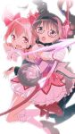  2girls absurdres akemi_homura arrow_(projectile) blush border bow_(weapon) bubble_skirt drawing_bow eyebrows_visible_through_hair glasses gloves highres holding holding_bow_(weapon) holding_weapon kaname_madoka light looking_at_viewer magical_girl mahou_shoujo_madoka_magica multiple_girls nobusawa_osamu pink_eyes pink_hair scared short_twintails skirt smile transparent twintails weapon white_background white_border white_gloves white_legwear 