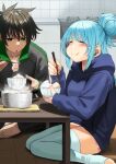  1boy 1girl aqua_(konosuba) barefoot blue_hair blue_legwear blush bowl breasts brown_hair chopsticks closed_eyes commentary_request contemporary eating food green_eyes hair_bun highres hood hoodie indian_style izawa_koushi jacket kono_subarashii_sekai_ni_shukufuku_wo! long_hair meat partial_commentary rice satou_kazuma sitting smile steam stove table thighhighs toeless_legwear tofu wariza 