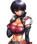  1girl amania_orz belt black_hair breasts choker cleavage closed_mouth gloves looking_at_viewer midriff navel purple_eyes rutee_katrea short_hair simple_background smile solo tales_of_(series) tales_of_destiny very_short_hair white_background 