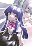  2girls :3 assari_qqq black_skirt blue_hair closed_eyes dated eyebrows_visible_through_hair furude_rika hanyuu highres higurashi_no_naku_koro_ni hime_cut horns long_hair long_sleeves multiple_girls neck_ribbon pink_ribbon praying purple_hair ribbon shirt short_sleeves skirt smile suspender_skirt suspenders twitter_username white_background white_shirt 