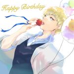 1boy arm_up bags_under_eyes balloon blonde_hair collared_shirt dress_shirt food fruit hand_up happy_birthday highres kimi_ga_shine looking_at_viewer male_focus naaaz07751097 necktie open_mouth profile ribbon shinogi_keiji shirt solo strawberry teeth upper_body vest white_background 