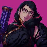  1girl bayonetta bayonetta_(series) bayonetta_3 black-framed_eyewear black_hair braid earrings glasses gun jewelry long_hair makeup mole mole_under_mouth purple_background purple_eyes reza_kabir simple_background solo twin_braids weapon 