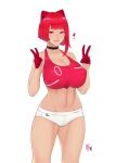  1girl abs bangs bare_shoulders blunt_bangs breasts cleavage collarbone commentary_request double_v gloves highres huge_breasts midriff mole mole_on_breast mole_under_mouth navel original red_eyes red_gloves red_hair short_hair shorts smile solo sports_bra sportswear thighs v zcune 