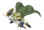  1boy armor cape chrono_trigger closed_mouth colored_sclera frog_(chrono_trigger) full_body gloves green_cape holding holding_shield holding_sword holding_weapon male_focus nemurism shield simple_background solo sword weapon white_background 