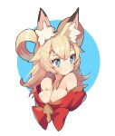  +_+ 1girl animal_ear_fluff animal_ears bangs bare_shoulders blonde_hair blue_eyes blush blush_stickers breasts cleavage closed_mouth eyebrows_visible_through_hair fox_ears fox_girl hair_rings inaho_(world_flipper) jewelry long_hair looking_to_the_side medium_breasts necklace no_bra off_shoulder shiny shiny_hair shiny_skin sidelocks simple_background solo tied_hair two-tone_background upper_body white_background world_flipper yogurt_(yott_parfait) 