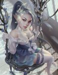  bare_shoulders blue_dress dress elbow_gloves gloves green_hair grey_eyes hair_ornament high_heels indoors league_of_legends lips looking_at_viewer olesyaspitz plant pointy_ears ponytail sitting swing thighhighs vines white_gloves white_legwear window zyra 