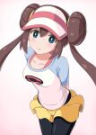  1girl black_legwear blue_eyes blush breasts brown_hair double_bun kayama_kenji legwear_under_shorts long_hair looking_at_viewer open_mouth pantyhose pokemon pokemon_(game) pokemon_bw2 rosa_(pokemon) short_shorts shorts simple_background solo twintails very_long_hair visor_cap yellow_shorts 