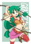  1girl breasts demi_(pixiv22036971) feena_(grandia) grandia grandia_i green_eyes green_hair hair_ornament hair_tubes jewelry long_hair looking_at_viewer low-tied_long_hair midriff navel necklace open_mouth skirt smile solo thighhighs whip wide_sleeves 