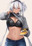  1girl absurdres black_bra black_nails black_panties blue_pants bra breasts check_commentary cleavage closed_mouth clothes_lift commentary commentary_request dark-skinned_female dark_skin denim dish floral_print food glasses hair_between_eyes highres jeans kantai_collection lace-trimmed_bra lace_trim large_breasts lifted_by_self lingerie long_hair long_sleeves looking_at_viewer musashi_(kancolle) navel panties pants red_eyes reward_available semi-rimless_eyewear silver_hair solo sweater sweater_lift twintails two_side_up underwear yunamaro 