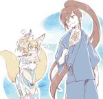  +_+ 1boy 2girls =3 animal_ear_fluff animal_ears artist_name bangs blue_eyes blue_flower blue_kimono blush body_fur brown_eyes carrying closed_mouth commentary_request cowboy_shot ears_down eye_contact eyebrows_visible_through_hair floral_print flower fox_ears fox_girl fox_tail full_body fur_collar furry furry_female hair_between_eyes hair_bun hair_flower hair_ornament hand_fan hand_up hands_up happy high_ponytail holding holding_fan inaho_(world_flipper) japanese_clothes kimono light_(world_flipper) long_hair long_sleeves looking_at_another looking_back looking_up multiple_girls multiple_tails nose_blush outline paper_fan purple_flower red_eyes red_flower sash shiny shiny_hair shirano_(world_flipper) short_hair sidelocks signature smile soushiro_(world_flipper) standing sweat tail tatsuri_(forest_penguin) tied_hair twitter_username two-tone_fur two_tails uchiwa very_long_hair white_fur white_outline wide-eyed world_flipper yellow_fur 
