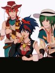  1girl 2boys atlee_ariel back_arrow back_arrow_(character) belt blue_eyes blue_hair bracer braid brown_headwear brown_vest cowboy cowboy_hat cowboy_western cup eating elsha_lean genderswap genderswap_(ftm) genderswap_(mtf) green_hair hair_between_eyes hair_ribbon hat highres holding holding_cup long_hair looking_at_another medal mug multicolored_hair multiple_boys pink_neckwear pizza_slice red_eyes red_hair red_ribbon ribbon single_sleeve sitting smile streaked_hair summercubic vest whip white_headwear 