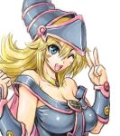  1girl amania_orz bare_shoulders blonde_hair blush_stickers breasts choker cleavage dark_magician_girl duel_monster green_eyes hat large_breasts long_hair looking_at_viewer one_eye_closed open_mouth pentacle simple_background smile solo white_background wizard_hat yu-gi-oh! yu-gi-oh!_duel_monsters 