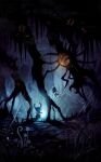  1other artist_name cape cave fantasy forest fungus glowing glowing_eyes highres hollow_knight horns indoors knight_(hollow_knight) nature night no_humans nosk_(hollow_knight) scenery signature silk sinsin719 spider_web zote 