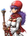  1girl amania_orz bag blue_eyes breasts closed_mouth curly_hair dragon_quest dragon_quest_ii dress hood long_hair looking_at_viewer princess_of_moonbrook purple_hair simple_background solo staff white_background 
