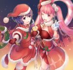  2girls alternate_costume bernadetta_von_varley braid breast_press breasts candy candy_cane christmas cleavage dress fire_emblem fire_emblem:_three_houses fire_emblem_heroes flower food fur_collar fur_trim gloves hat hedgehog highres hilda_valentine_goneril holding index_finger_raised long_hair long_sleeves looking_at_viewer medium_breasts multiple_girls night night_sky official_alternate_costume one_eye_closed outdoors pom_pom_(clothes) purple_eyes purple_hair red_dress red_gloves red_legwear santa_hat short_hair signature sky star_(sky) starry_sky stuffed_toy thighhighs twin_braids white_flower white_gloves white_legwear yukimiyuki 