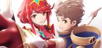  1boy 1girl brown_eyes brown_hair headwear_removed helmet helmet_removed highres looking_at_viewer looking_back looking_up official_art pointing pyra_(xenoblade) red_eyes red_hair rex_(xenoblade) smile smiley_face xenoblade_chronicles_(series) xenoblade_chronicles_2 