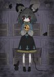  1girl animal_ears bangs blue_capelet bow bowtie box capelet closed_mouth coin commentary_request crown crystal dotaku_(wran8845) expressionless full_body grey_hair grey_skirt halloween highres holding jewelry long_sleeves looking_at_viewer mouse mouse_ears mouse_girl mouse_tail nazrin pendant red_eyes shirt short_hair signature skirt solo standing tail touhou treasure_chest white_shirt yellow_bow yellow_bowtie 