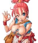  1girl amania_orz blue_eyes breasts cleavage dragon_quest dragon_quest_iii earrings jewelry looking_at_viewer merchant_(dq3) money ok_sign one_eye_closed open_mouth pink_hair short_hair simple_background solo white_background 