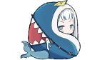  1girl blanket blue_eyes chibi commentary cosplay fish_tail full_body gawr_gura genshin_impact hololive hololive_english ikalsaurus looking_at_viewer sayu_(genshin_impact) sayu_(genshin_impact)_(cosplay) shark_tail simple_background solo sticky_note tail transparent_background virtual_youtuber white_hair 