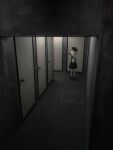  1girl beret chromatic_aberration door doorknob from_above grey_hair hallway hat hatch hatoba_tsugu highres horror_(theme) indoors looking_to_the_side pantyhose peephole skirt solo suspender_skirt suspenders teddy_(takarada) tsugu_(vtuber) virtual_youtuber white_legwear 